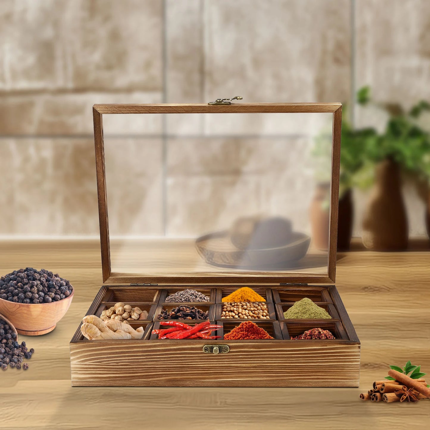 Retro Style Wooden Spice Box Wooden Spice Box with 12 Containers Storage Cans Spice Fit Box