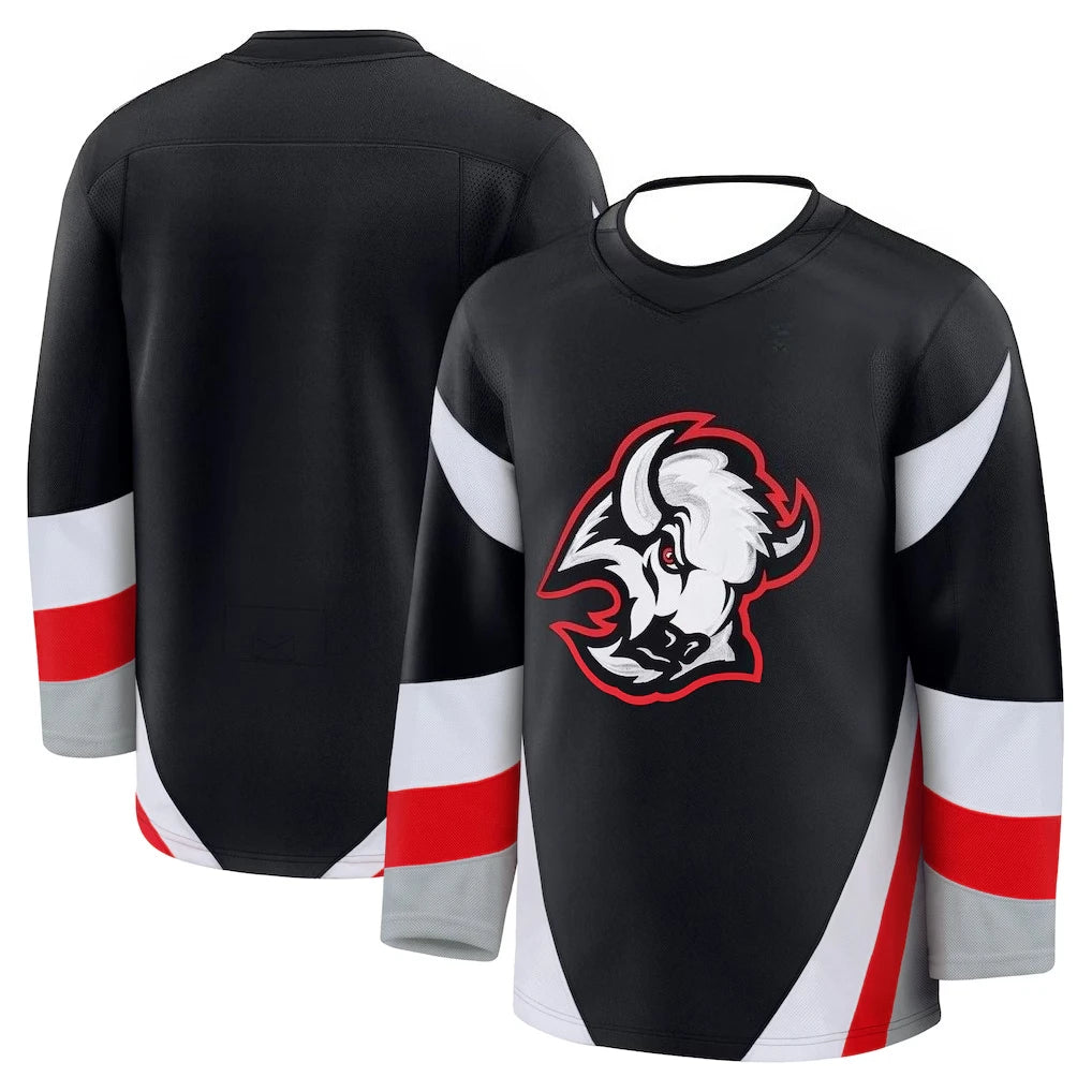 Hockey Jersey - Black with Red/White/Gray Accents Aggressive Bison Head Logo Comfortable Base Layer for Autumn and Winter