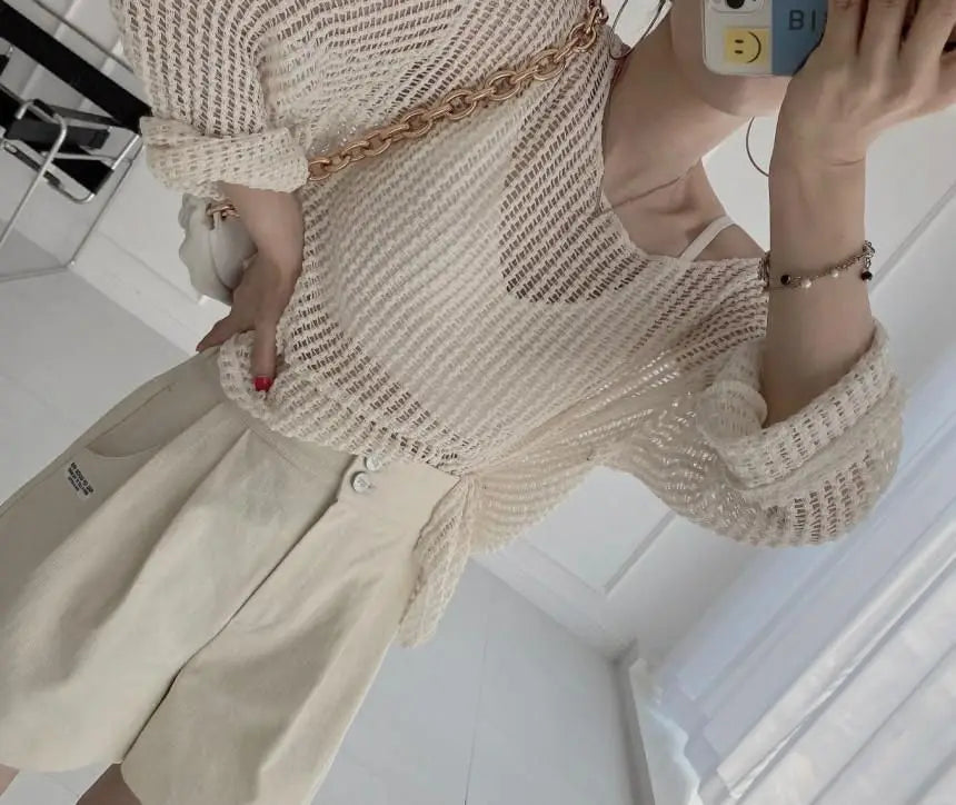 Hollow Out Pullovers Women Baggy O-neck Clothing Spring Casual Simple Elegant Vintage See-through Streetwear Lady Ulzzang Tender