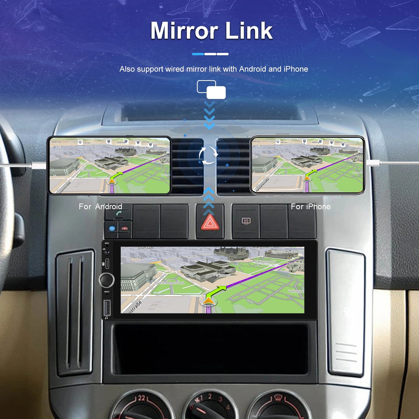 Hikity 2+64G Carplay Android 1din Car Radio Android Auto Stereo 6.86" GPS Navigation Player support FM WiFi USB Rear Camera