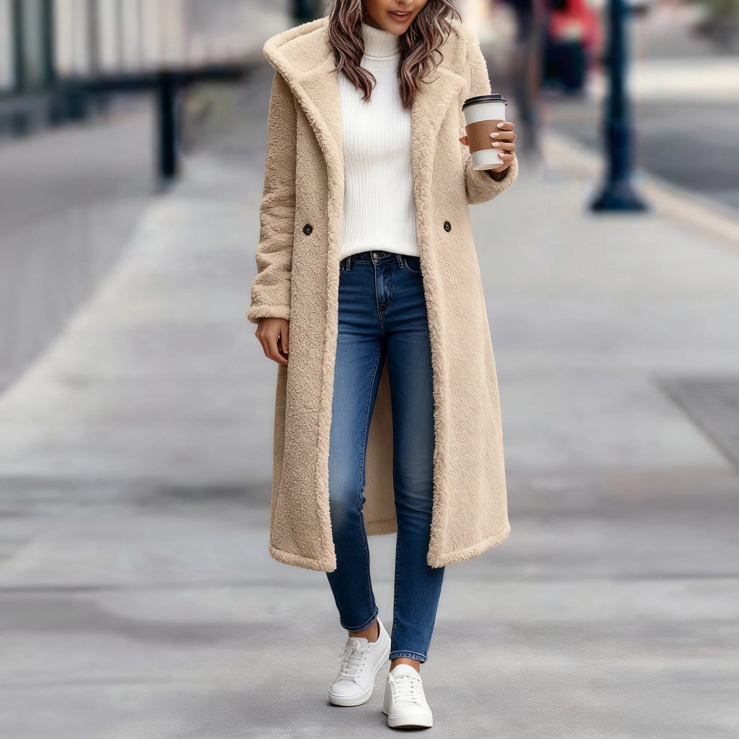 Hooded Coats Long Coat Women Work Turn Down Collar Warm Thick Work Trench Streetwear Elegant Jackets Open Stith Autumn Winter