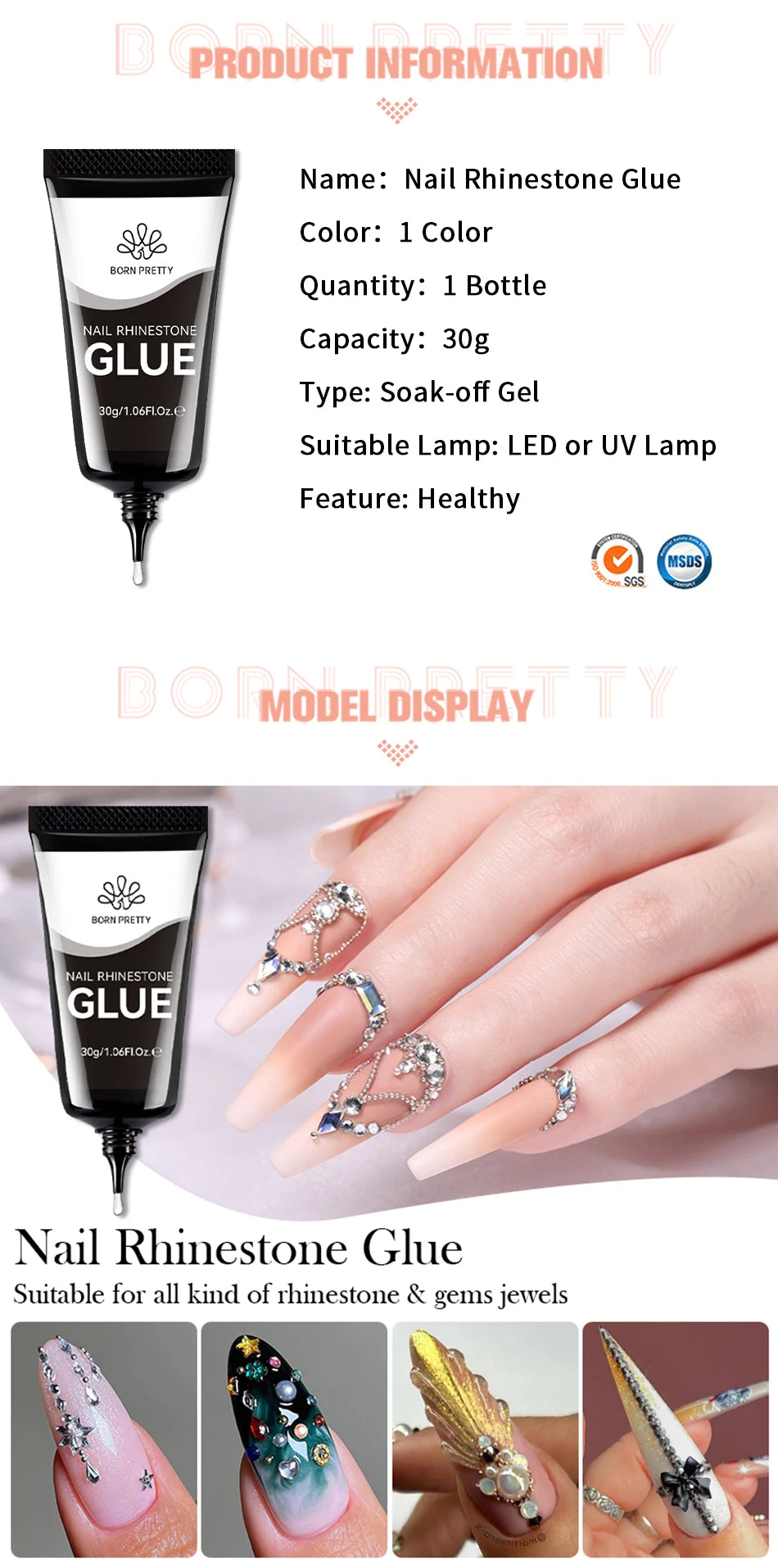 BORN PRETTY 30ml Rhinestones Glue Nail Gel Poloish For Manicure Transparent Nail Art Sticky Gel Strong Jewelry Decorations