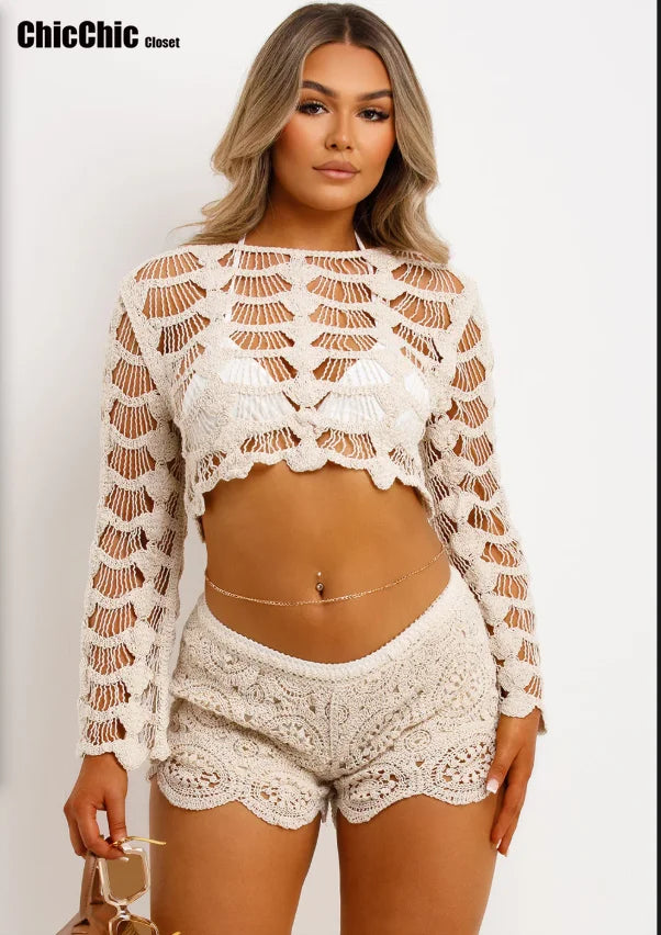 Pullovers Autumn Solid Hollow Out Knitted Tops Casual Long Sleeve O-neck Commute Blouse Fashion Lady See-through Vacation Shirts