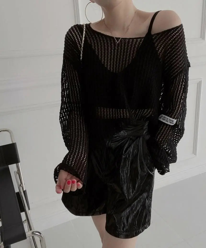 Hollow Out Pullovers Women Baggy O-neck Clothing Spring Casual Simple Elegant Vintage See-through Streetwear Lady Ulzzang Tender