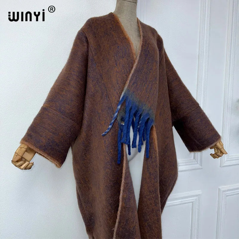 WINYI new Winter Women Solid color Luxury Fur Neutral coat Loose cardigan elegant Warm Female coat over poncho tassels jacket