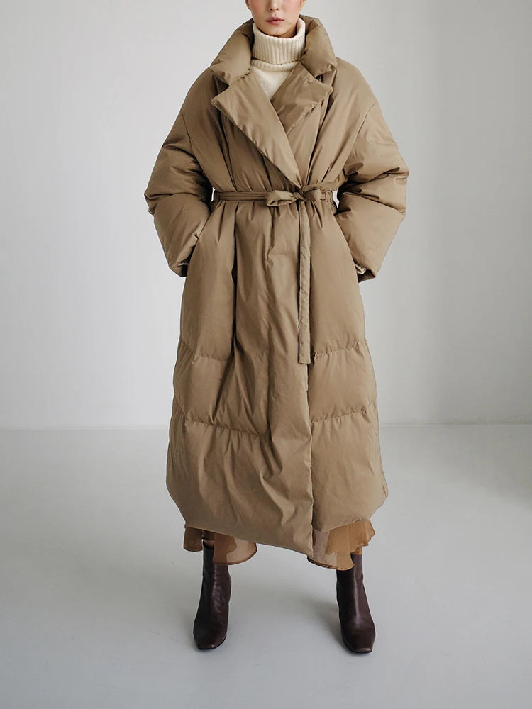 Winter New Stand Collar Long Down Jackets Loose Belt Long Sleeve Warm Coat Fashion Solid Cotton Padded Warm Down Overcoat Women