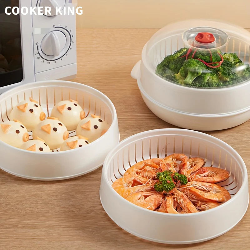 COOKER KING Microwave Heating Steamer Food Grade Household Water Adding Double Layer Thick Container Dish Steamer Steamer