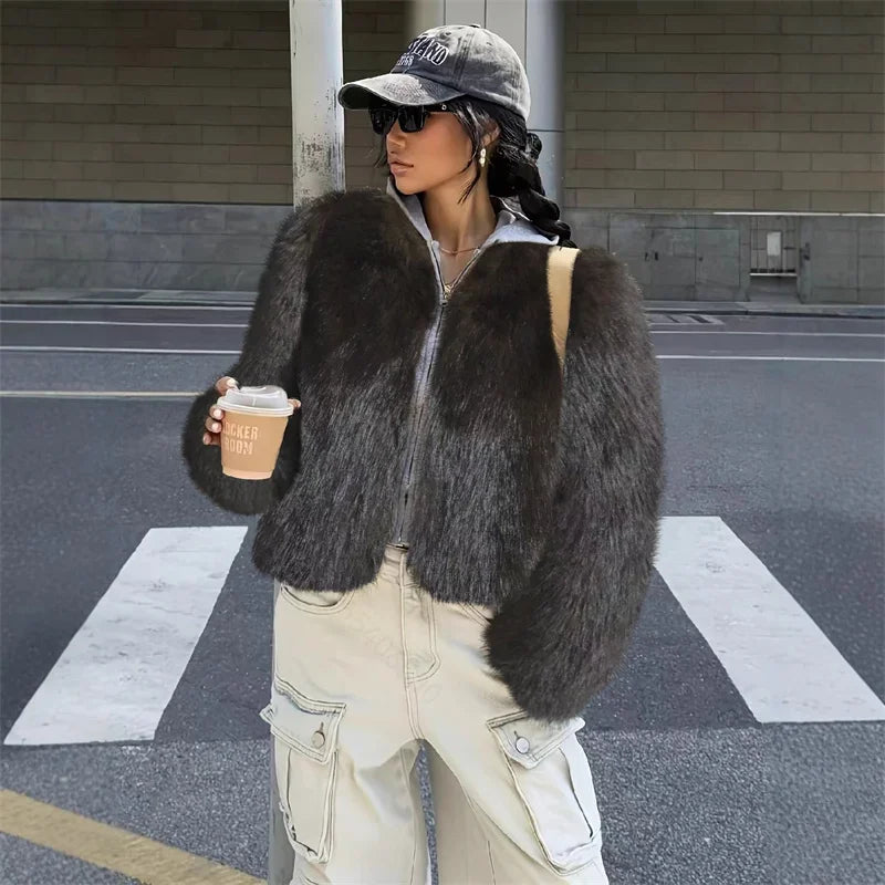 Fashion Faux Fur Coat For Women Warm Round Neck Long Sleeve Furry Short Coats 2025 Autumn Winter New Lady Streetwear Cardigans