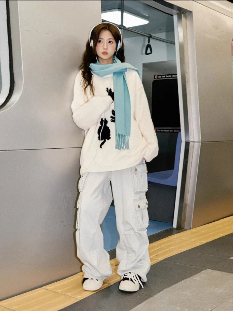 Pullovers Women Cartoon Trendy All-match O-neck Lazy Style Autumn Winter Imitation Mink-fleece Knitted Cozy Chic Ins Sweaters