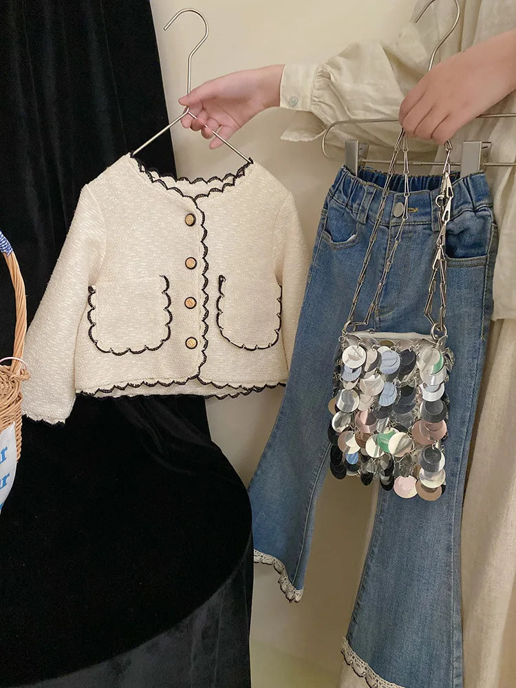 Coats Korean Childrens Clothing Autumn Season New Girls Open Stitch Lace Flower Edge Soild Sweet Versatile Style