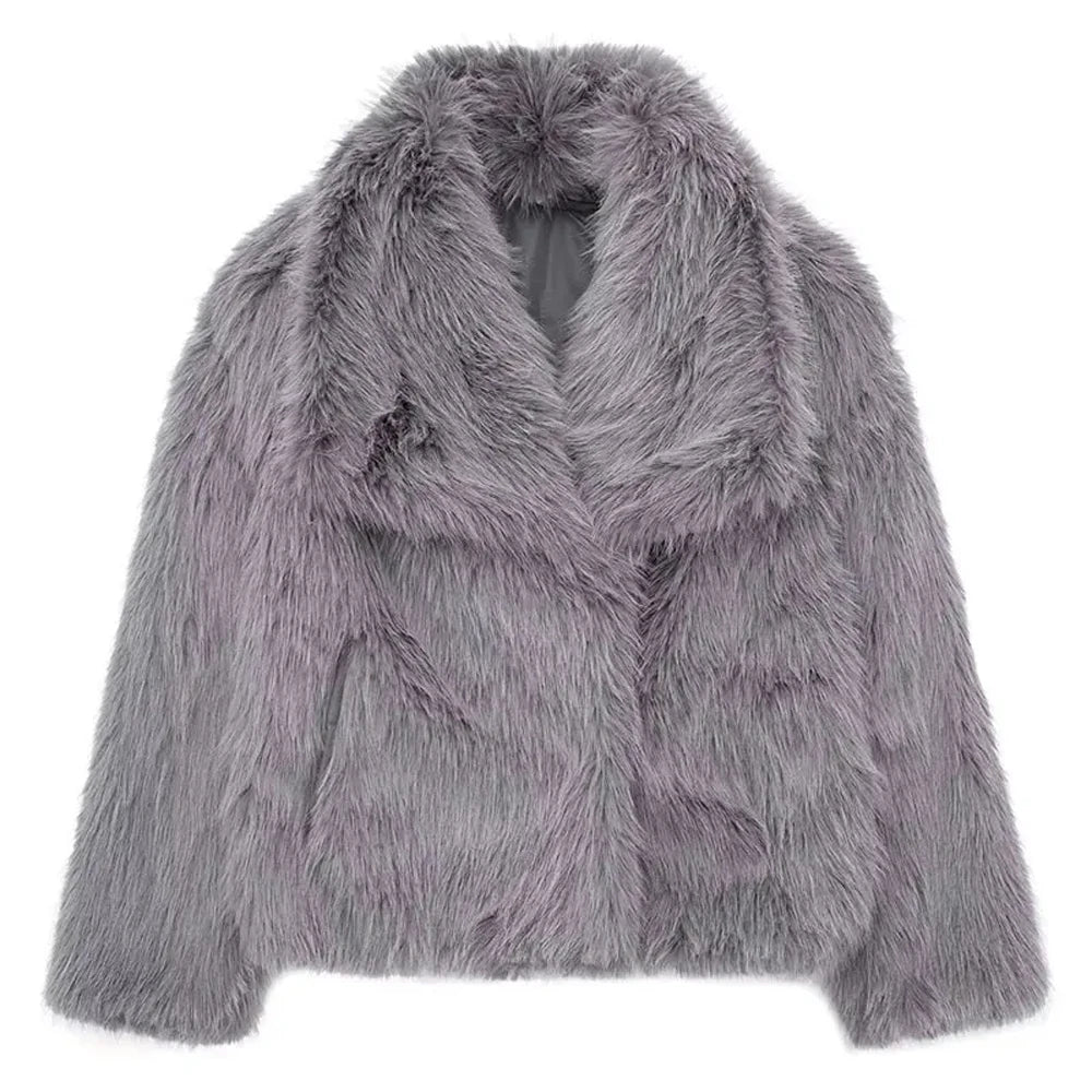 HH Winter Women Elegant Warm Plush Coat Turn-Down Collar Thick Cardigan Coat Female Pocket Long Sleeve Short Outerwear Mujer