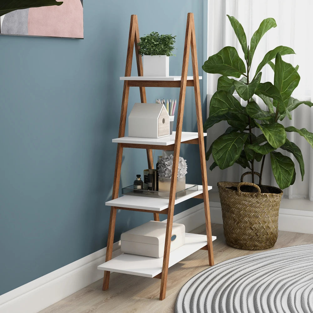 Solid Bamboo Wood Oxford “A”frame Ladder Display Bookshelf Warehouse Supermarket Kitchen Shelves Living Walnut 4 Tier Bookshelf