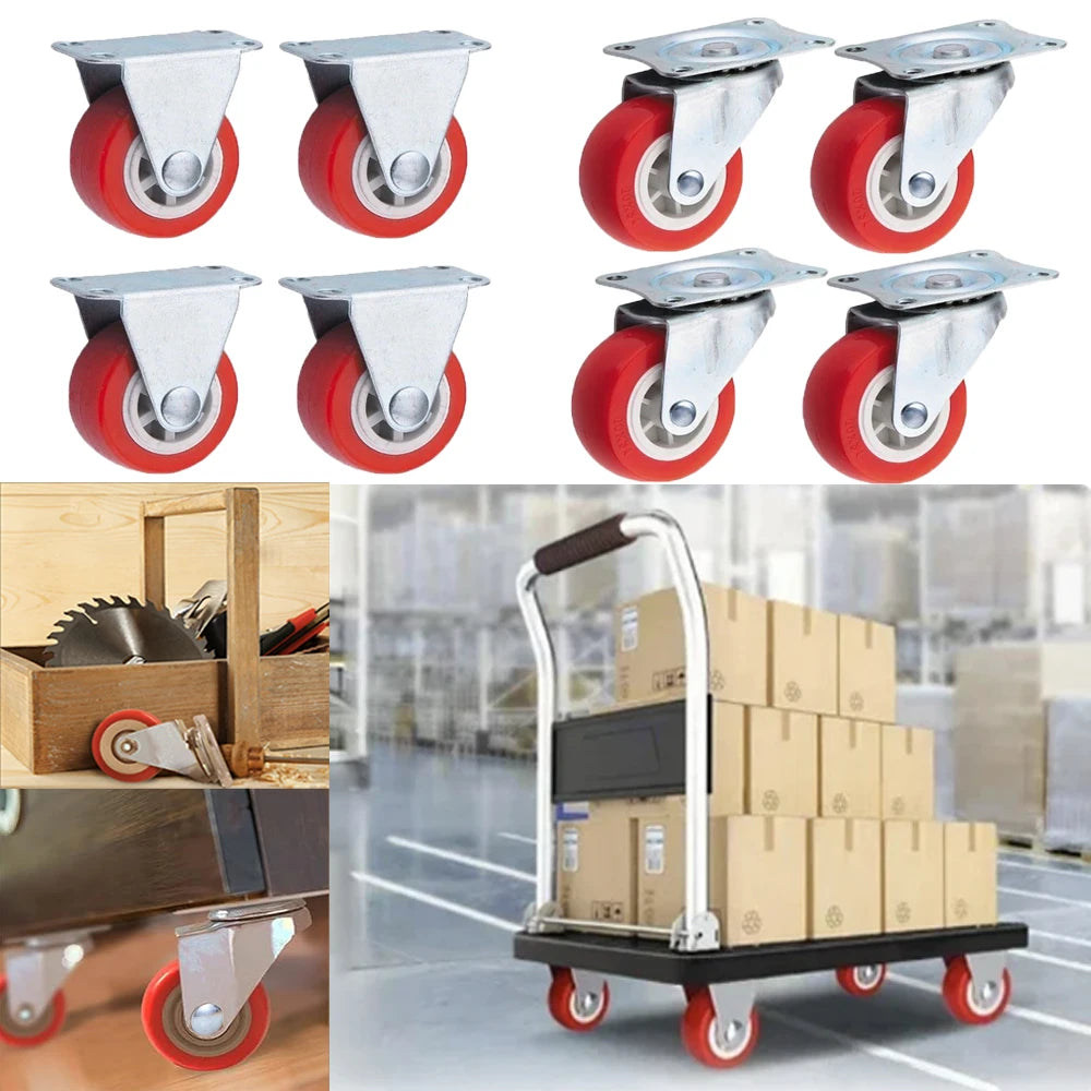 2 ⁄ 4 quiet small casters, universal wheels, 1.97 "rotating casters, red fixed wheels, for wheelbarrows, furniture project carts