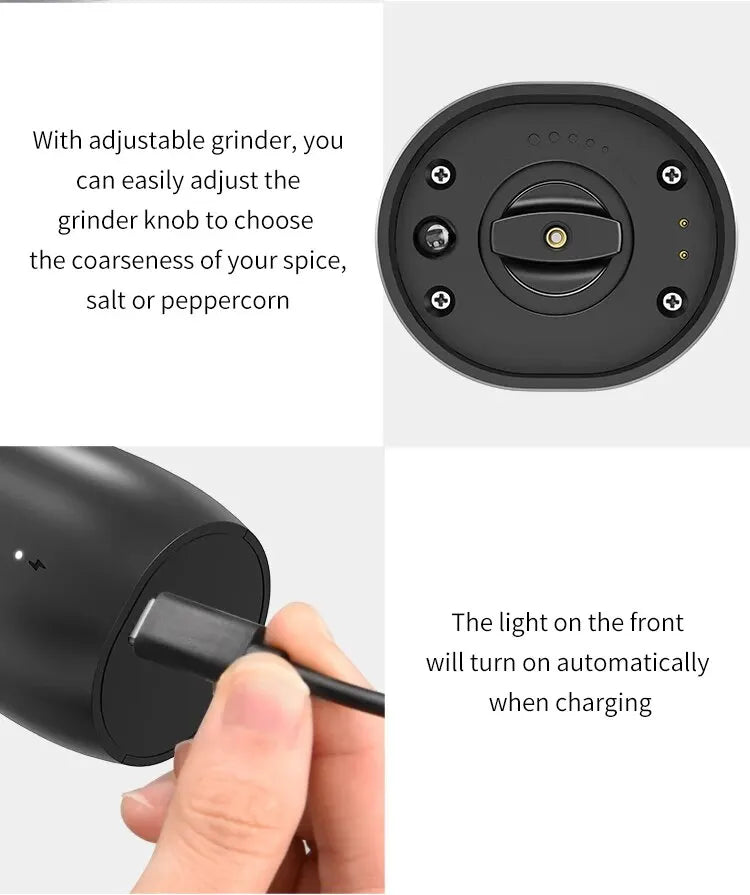Rechargeable USB Electric Automatic Salt and Pepper Grinder Set Gravity Spice Mill Adjustable Spices Grinder Kitchen Tools