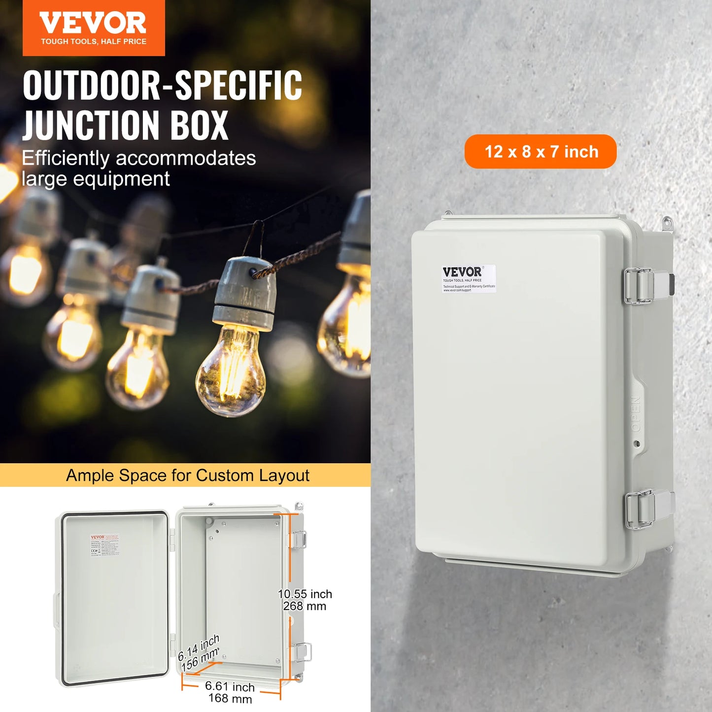 SucceBuy Outdoor Electrical Junction Box ABS Plastic Hinged Cover Stainless Steel Latch IP67 Waterproof for Electrical Projects