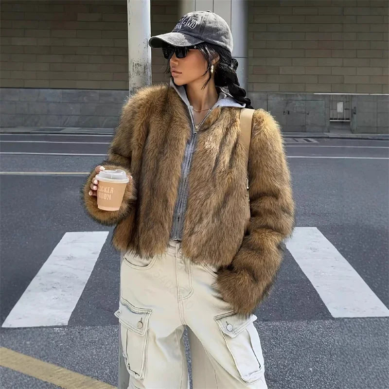 Fashion Faux Fur Coat For Women Warm Round Neck Long Sleeve Furry Short Coats 2025 Autumn Winter New Lady Streetwear Cardigans