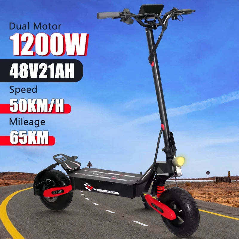 New Electric Scooter - 1200W Motor, 50KM/H Speed, 48V Battery, 65KM Range, LED Display, 11-Inch Off-Road E-Scooter for Adults
