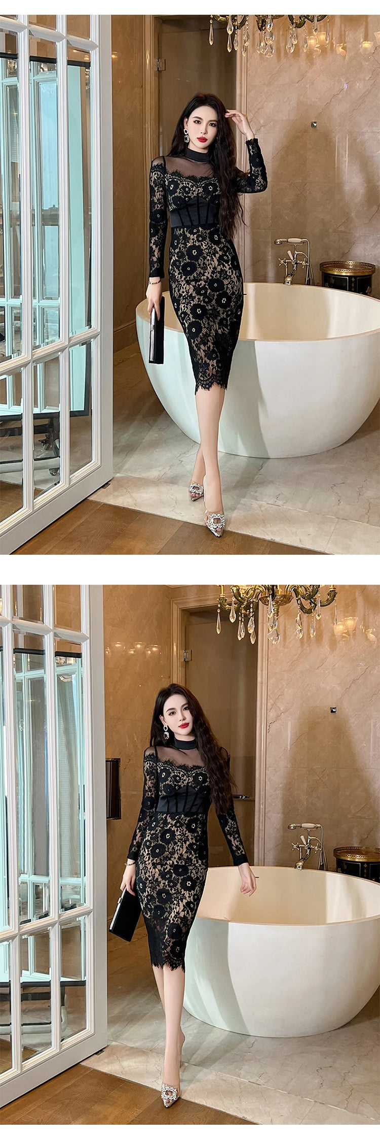 Fashion Ladies Black Lace Evening Dresses Women Clothing Elegant Chic Sexy Long Sleeve Slim Party Club Prom Dress Mujer Vestidos