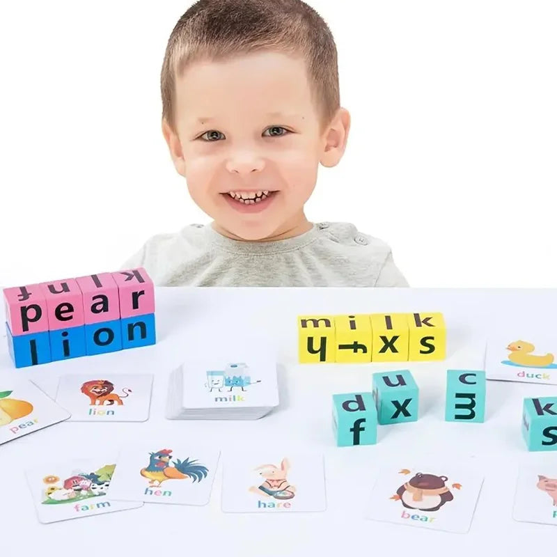 Word Spelling Game Wooden Reading Building Blocks With 40 Cards Letters Puzzle For Kids Montessori Alphabet Learning Toy