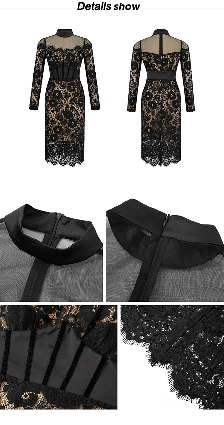 Fashion Ladies Black Lace Evening Dresses Women Clothing Elegant Chic Sexy Long Sleeve Slim Party Club Prom Dress Mujer Vestidos
