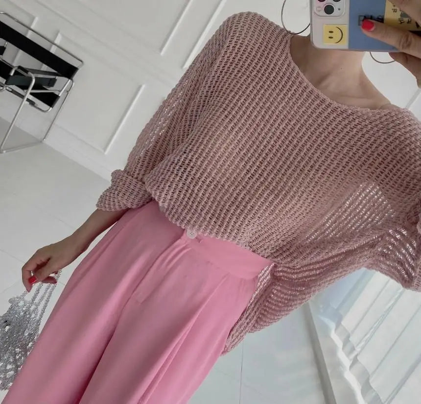 Hollow Out Pullovers Women Baggy O-neck Clothing Spring Casual Simple Elegant Vintage See-through Streetwear Lady Ulzzang Tender