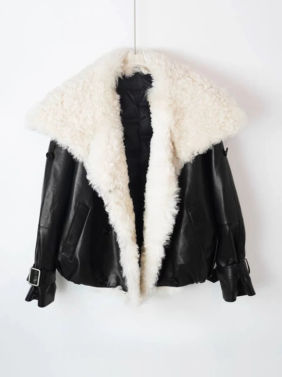 Winter in Coats & Jackets for Women 2025 Genuine Leather Jacket Female Large Wool Lapel Stylish Motorcycle Warm Short Coat With
