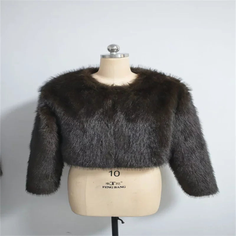 Fashion Faux Fur Coat For Women Warm Round Neck Long Sleeve Furry Short Coats 2025 Autumn Winter New Lady Streetwear Cardigans