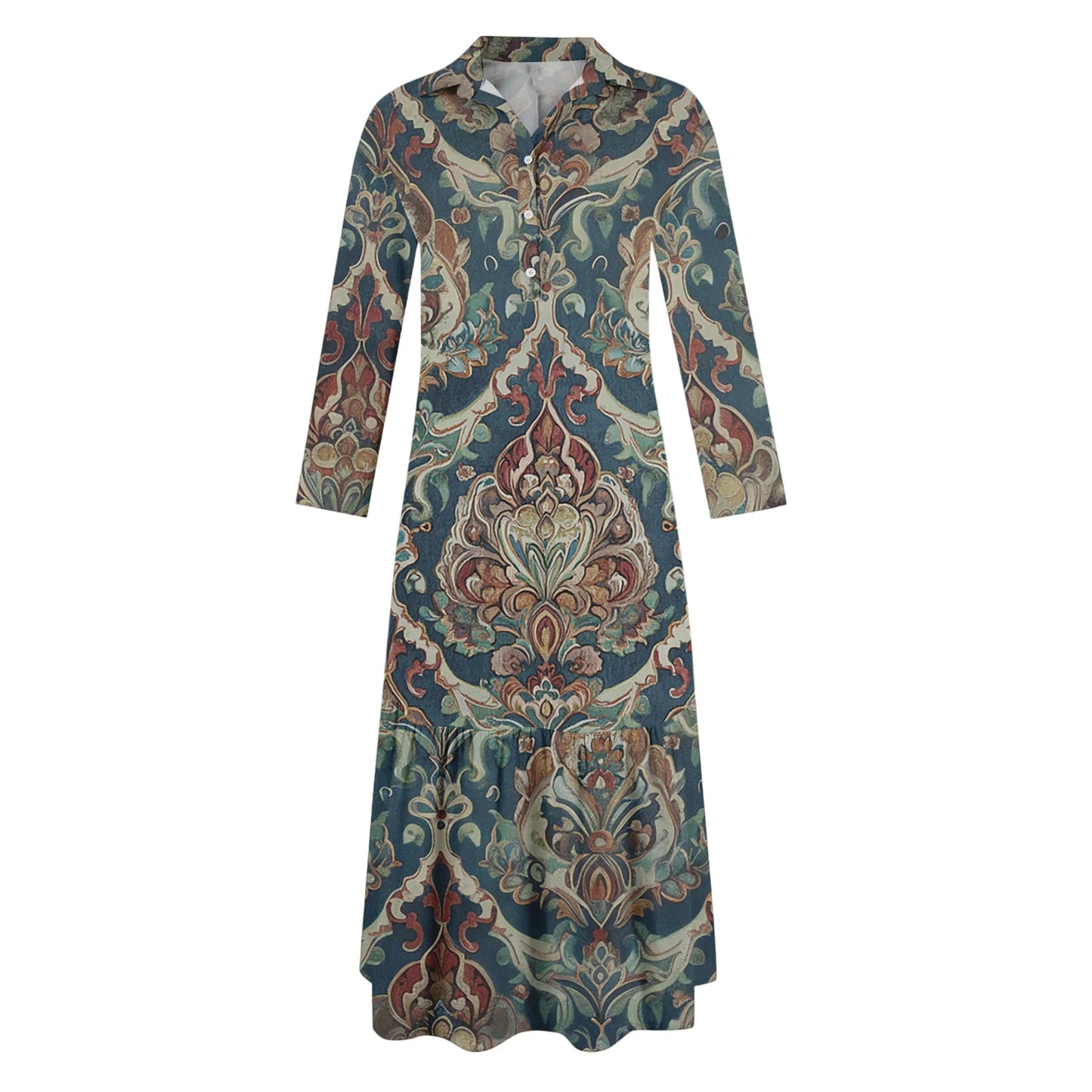 Ladies' Fashionable Temperament Autumn And Winter Button Lapel Long Sleeved Retro Printed Spring And Autumn Dress
