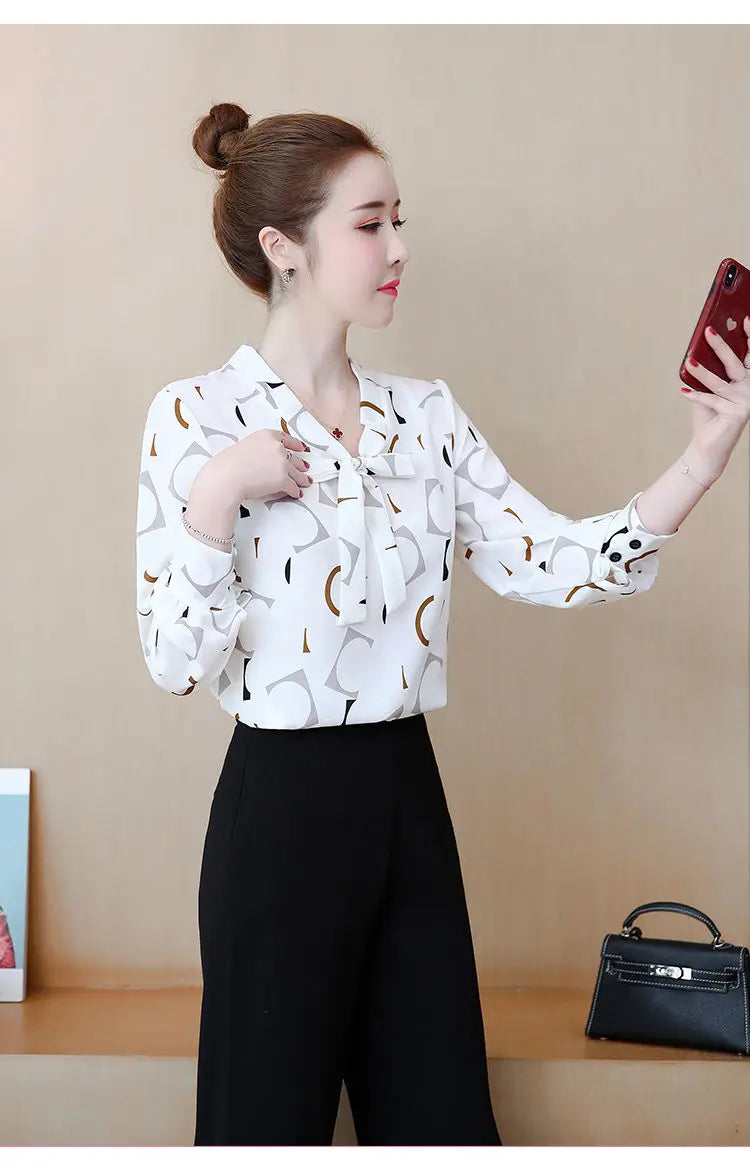 Fashion Female Elegant Bow Tie  pink Blouses Chiffon Collar Casual Shirt Office Ladies Blouse Summer Blouses for Women