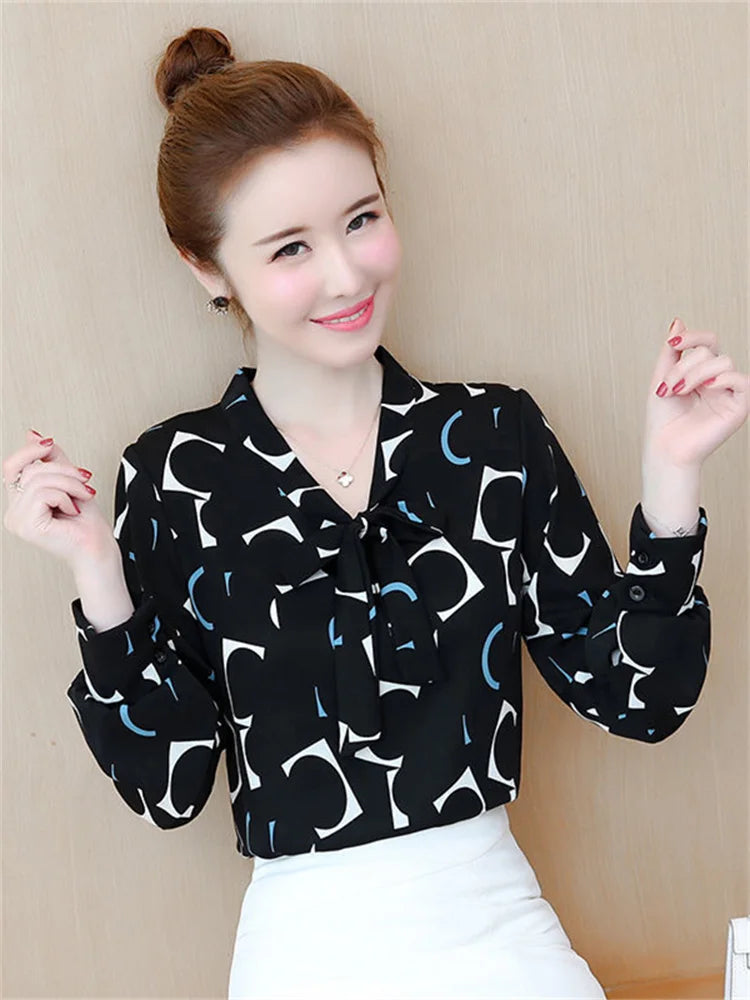 Fashion Female Elegant Bow Tie  pink Blouses Chiffon Collar Casual Shirt Office Ladies Blouse Summer Blouses for Women
