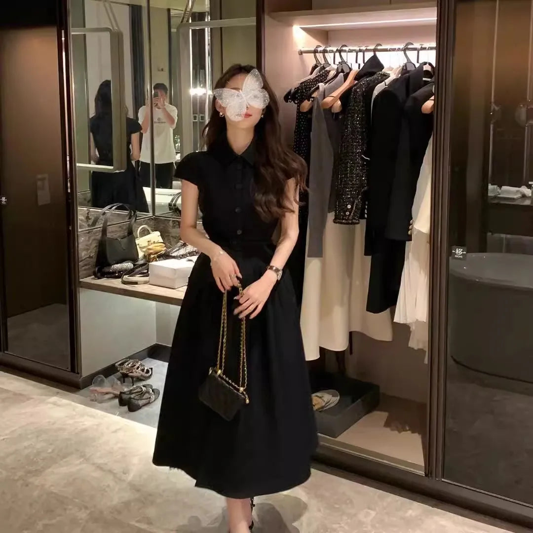 Ladies fashion French dress, Hepburn commuter dress, solid color short-sleeved umbrella dress, black short-sleeved shirtdress