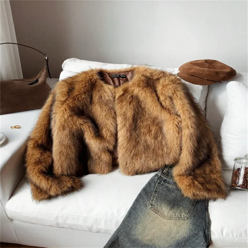 Fashion Faux Fur Coat For Women Warm Round Neck Long Sleeve Furry Short Coats 2025 Autumn Winter New Lady Streetwear Cardigans
