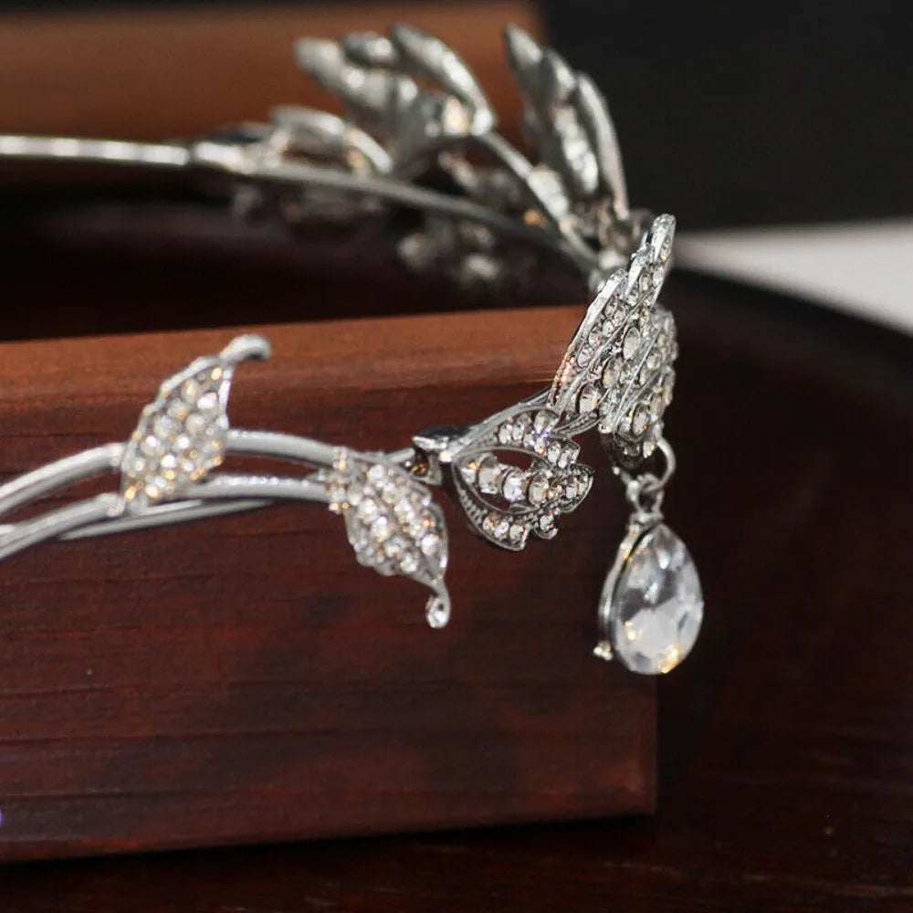 Rhinestone Leaf Wedding Tiara Headband for Brides, Silver Crown Headband for Pageants Wedding Prom Birthday