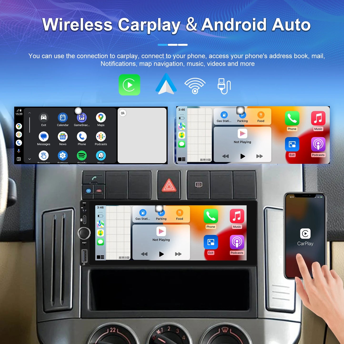 Hikity 2+64G Carplay Android 1din Car Radio Android Auto Stereo 6.86" GPS Navigation Player support FM WiFi USB Rear Camera