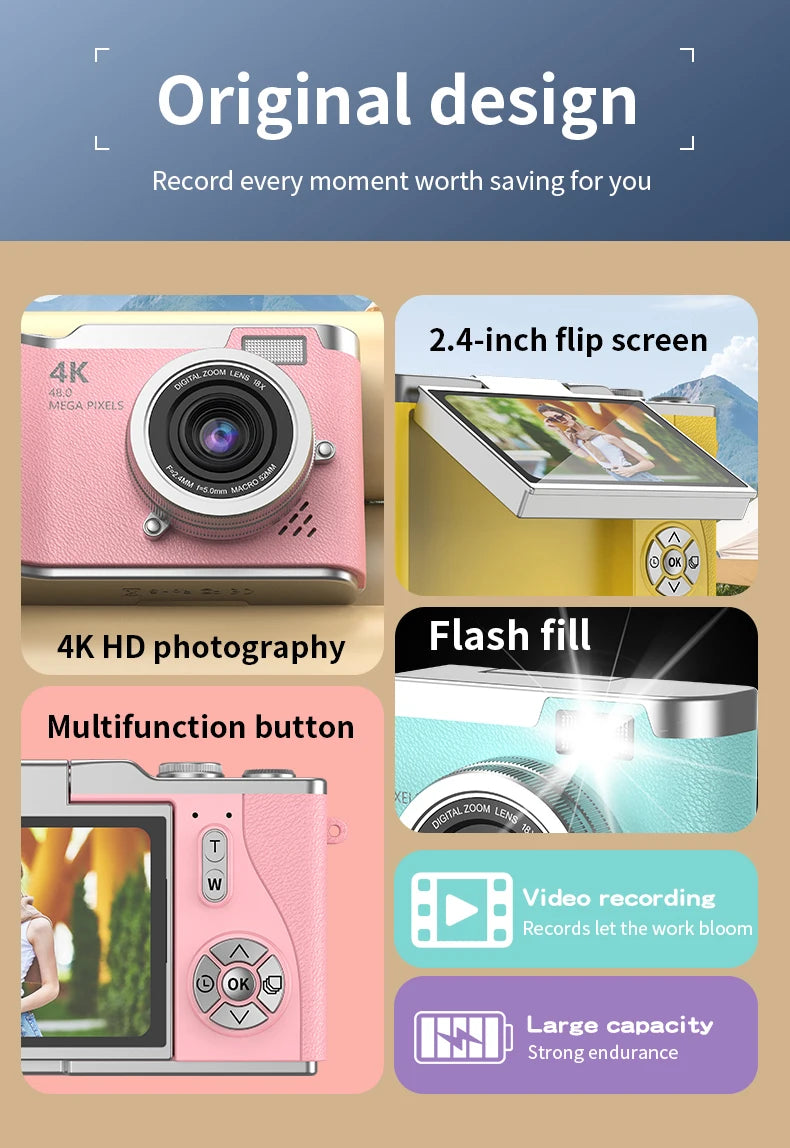 Digital Camera 4K 48MP Photography Camera Video Camcorder Rechargeable Cameras 2.4 inch Screen Camcorder for Kid Adult Beginners