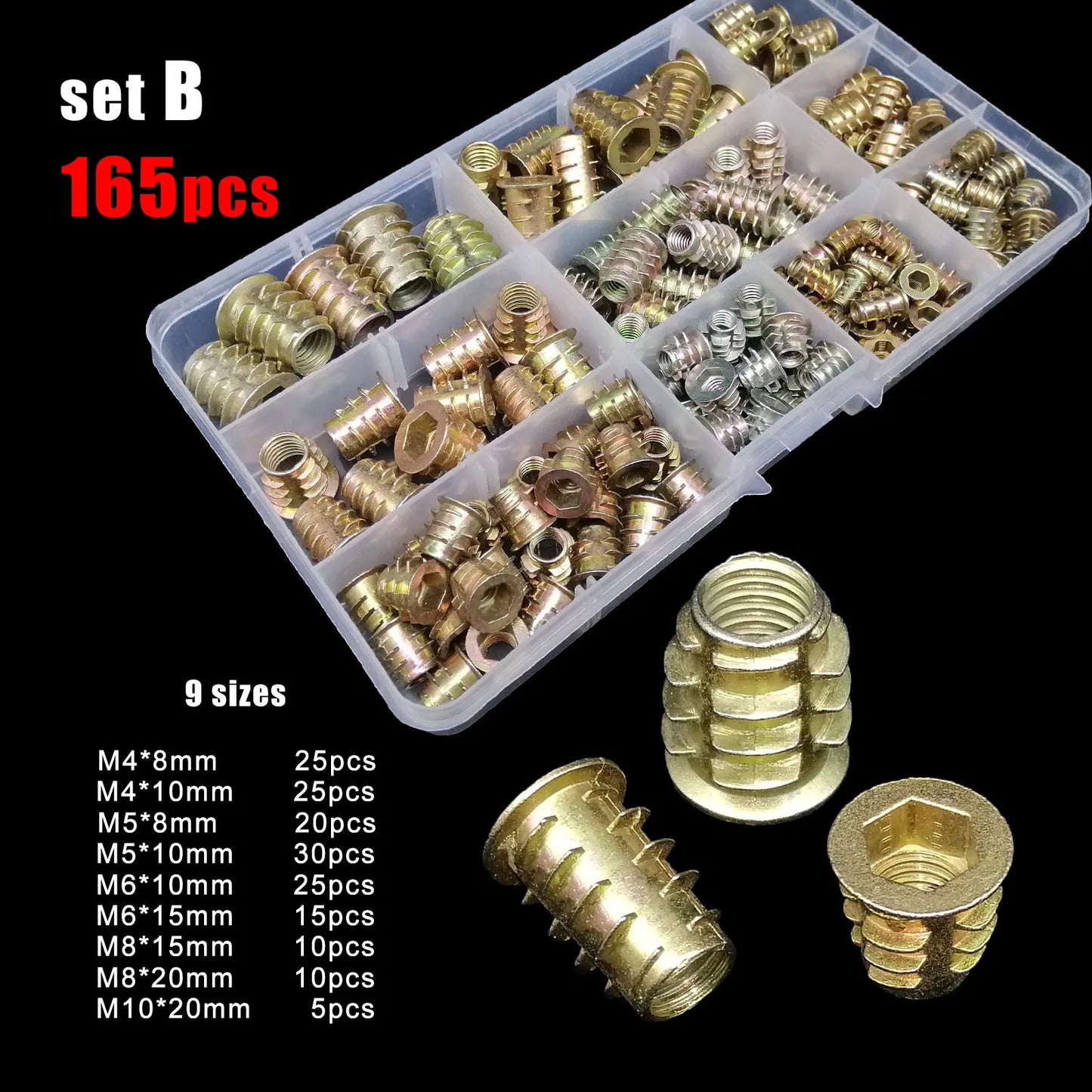 75/165pc M4 M5 M6 M8 M10 Metal Hexagon Hex Socket Allen Head Embedded Insert Nut E-Nut Assortment Set Kit Box for Wood Furniture