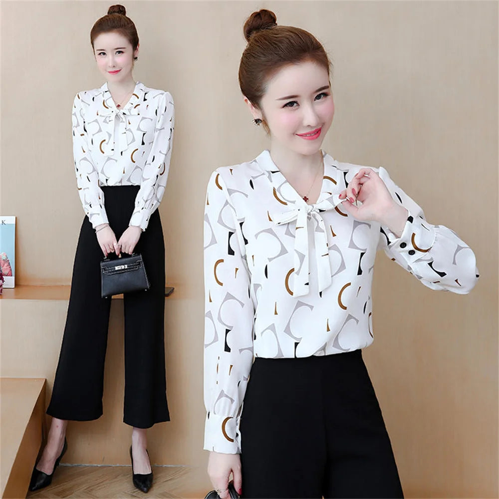 Fashion Female Elegant Bow Tie  pink Blouses Chiffon Collar Casual Shirt Office Ladies Blouse Summer Blouses for Women