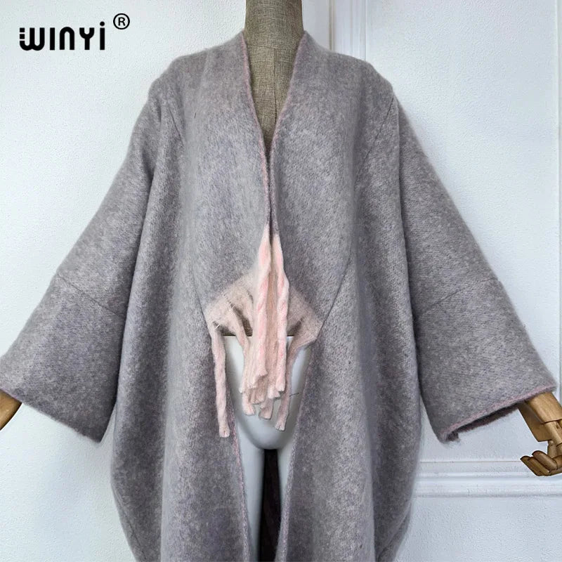 WINYI new Winter Women Solid color Luxury Fur Neutral coat Loose cardigan elegant Warm Female coat over poncho tassels jacket