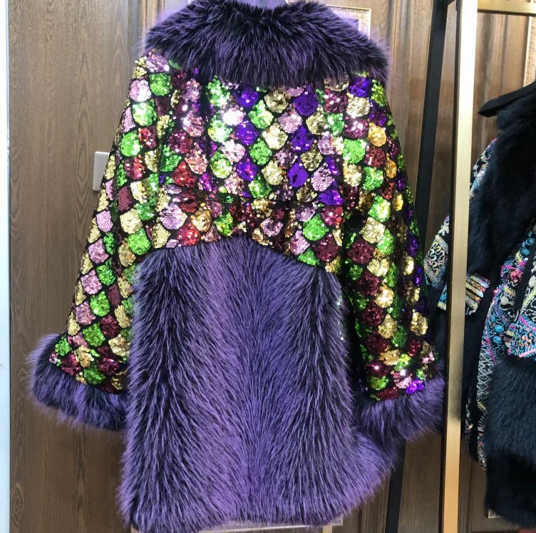 Fur Coat 2023 Winter Fashion Luxury Long Sleeve Toka Colorful Sequin Warm Fur Coat Jacket Oversized Thickened Coat Women