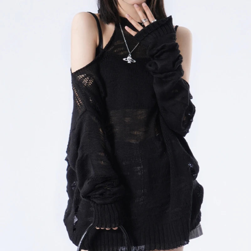 Pullovers Women Hole Streetwear Personality Sheer Hotsweet Female Casual Loose Spring Korean Style Off Shoulder Comfort Sweater