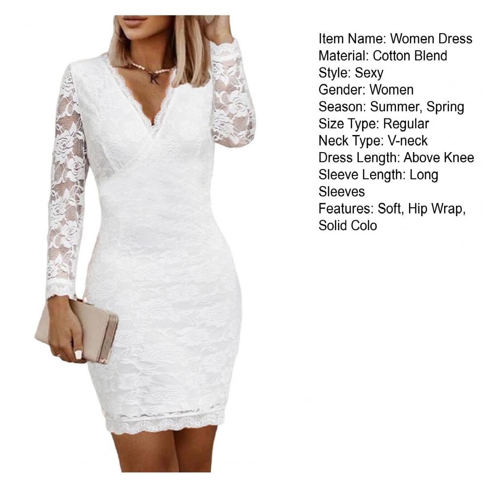 Fashion Ladies Dress Soft Lace Long Sleeves Waist Tight Elegant Ladies Wrap Hip Bodycon Dress  Party Dress Daily Wear