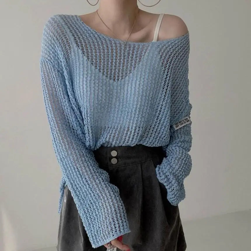 Hollow Out Pullovers Women Baggy O-neck Clothing Spring Casual Simple Elegant Vintage See-through Streetwear Lady Ulzzang Tender