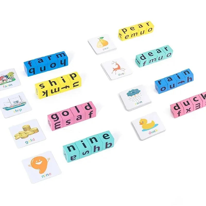 Word Spelling Game Wooden Reading Building Blocks With 40 Cards Letters Puzzle For Kids Montessori Alphabet Learning Toy