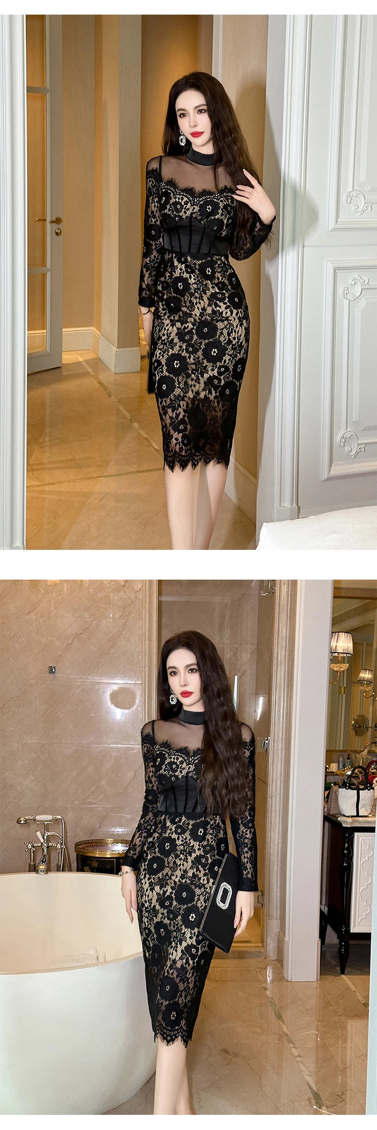 Fashion Ladies Black Lace Evening Dresses Women Clothing Elegant Chic Sexy Long Sleeve Slim Party Club Prom Dress Mujer Vestidos