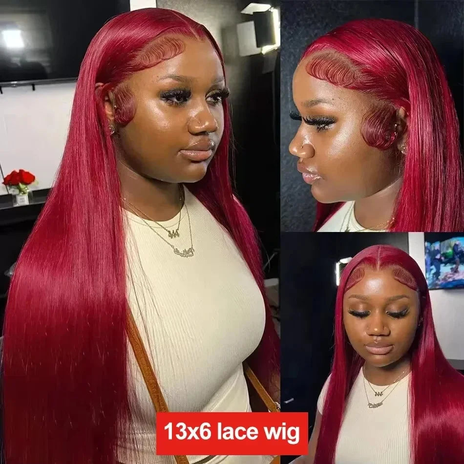 Straight Burgundy 99j Color Wig 180 Density Transparent Lace Frontal Human Hair Wig 13x6 Lace Frontal Human Wigs For Women