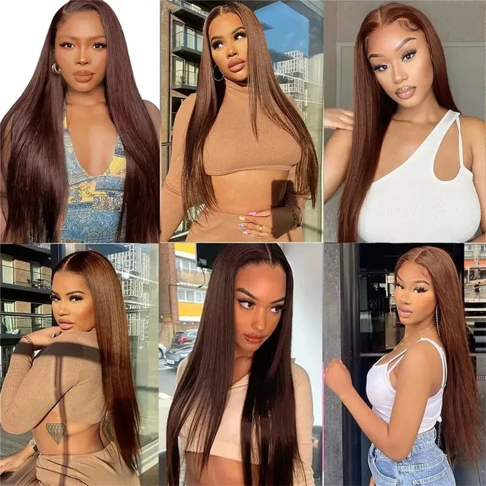 Chocolate Brown Colored Straight Lace Closure Wigs 4x4 Lace Closure Human Hair Wigs 200 Density Lace Wigs Baby Hair For Women