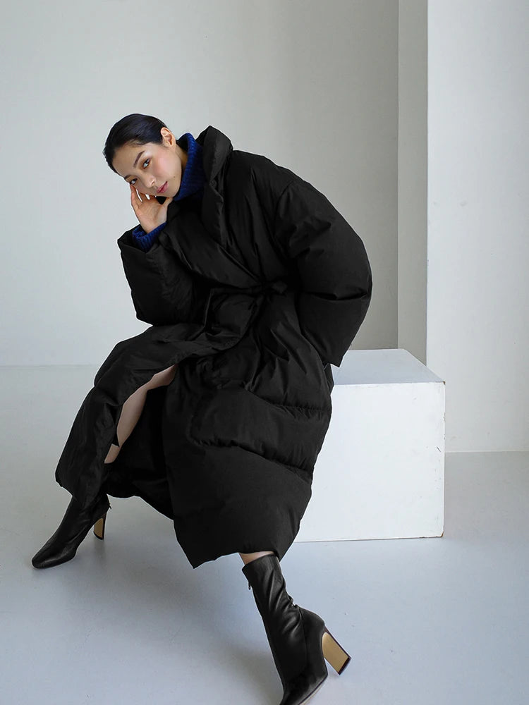 Winter New Stand Collar Long Down Jackets Loose Belt Long Sleeve Warm Coat Fashion Solid Cotton Padded Warm Down Overcoat Women