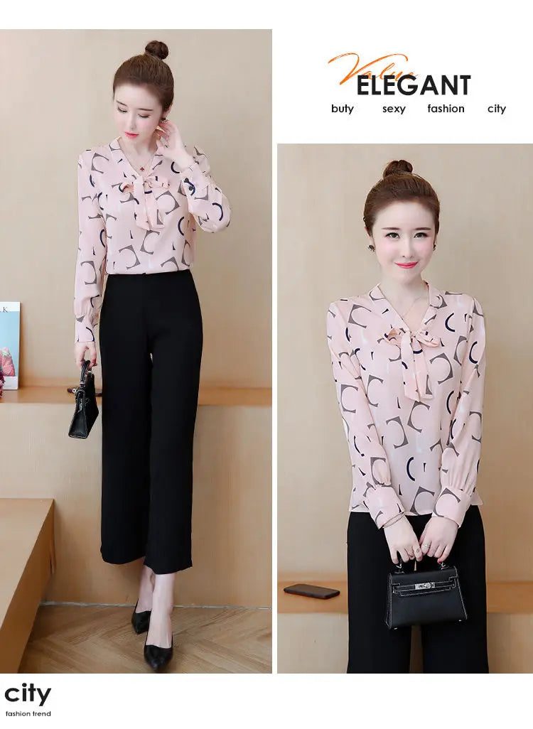 Fashion Female Elegant Bow Tie  pink Blouses Chiffon Collar Casual Shirt Office Ladies Blouse Summer Blouses for Women