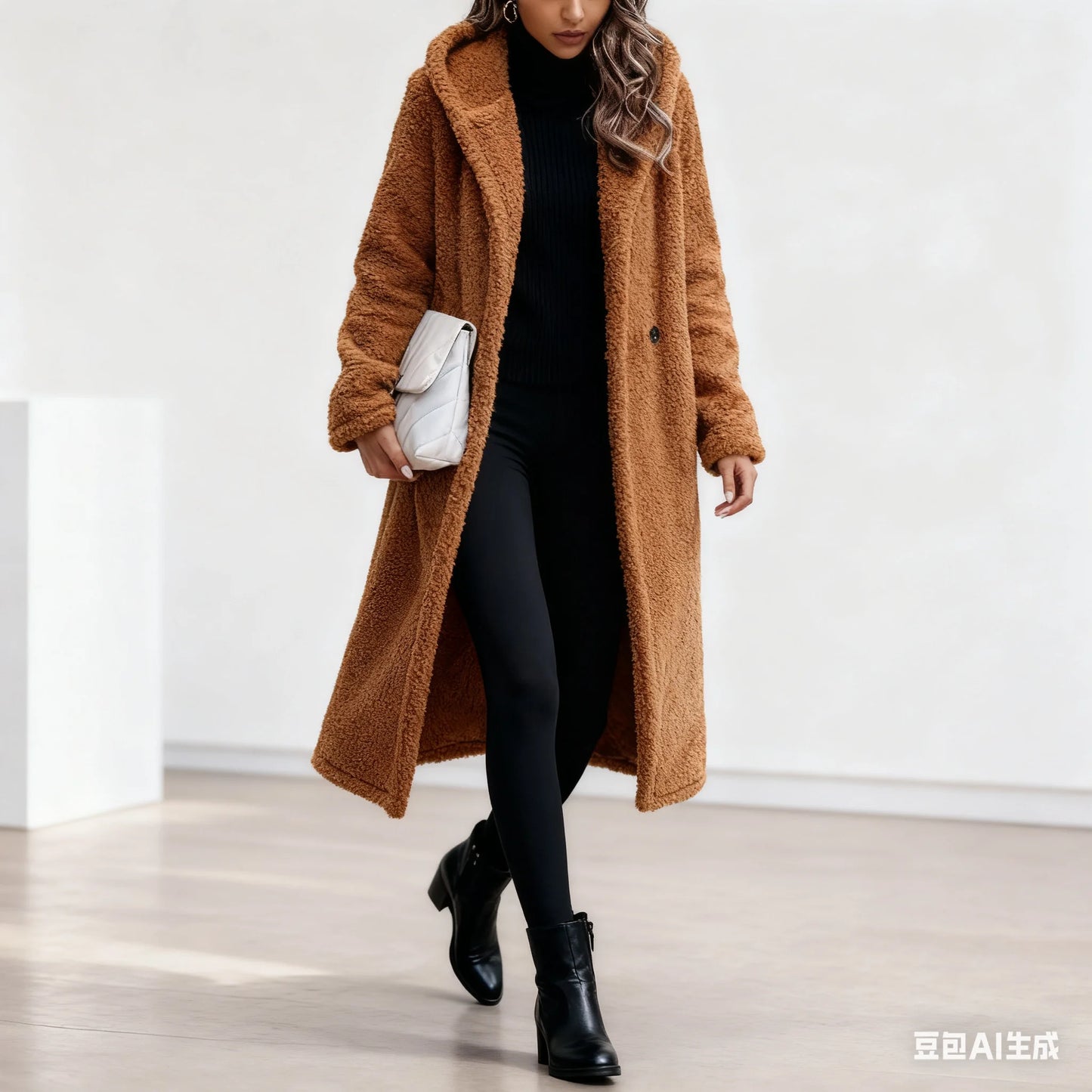 Hooded Coats Long Coat Women Work Turn Down Collar Warm Thick Work Trench Streetwear Elegant Jackets Open Stith Autumn Winter