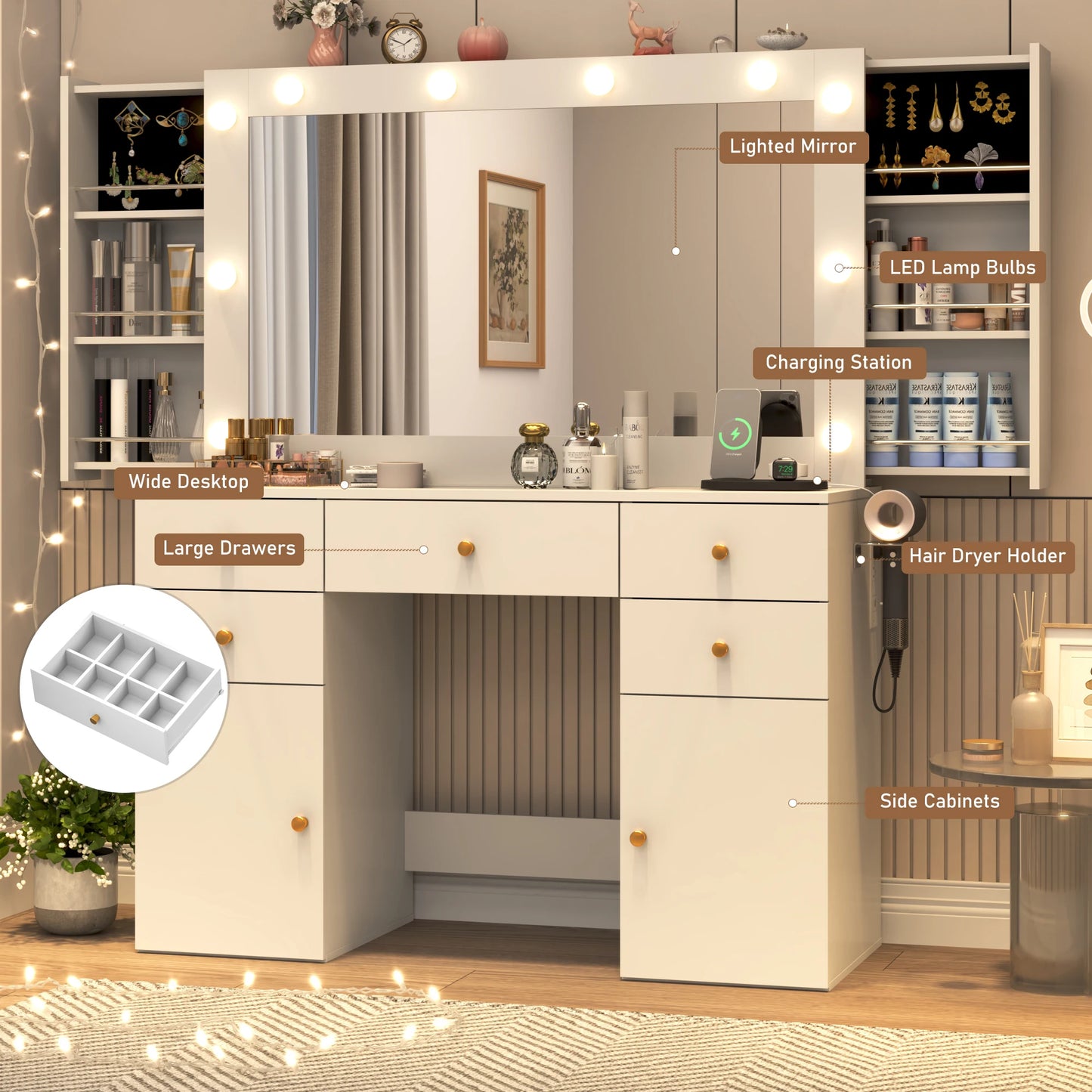 Large Vanity Desk with Lighted Mirror, Glass Top Makeup Vanity Table Set with 5 Drawers & 2 Cabinets & Stool, Power Outlet